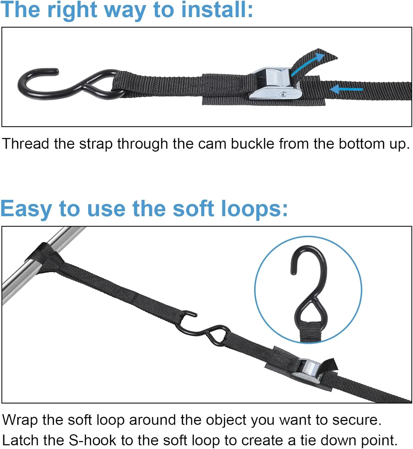 Tie Down Straps with Hook Cam Buckle Straps 1" x 8’ 1200lbs Break Strenght with Extra Soft Loops for Motorcycle, Kayak, ATVs, Dirt Bike, Truck, Car Black 4 Pack