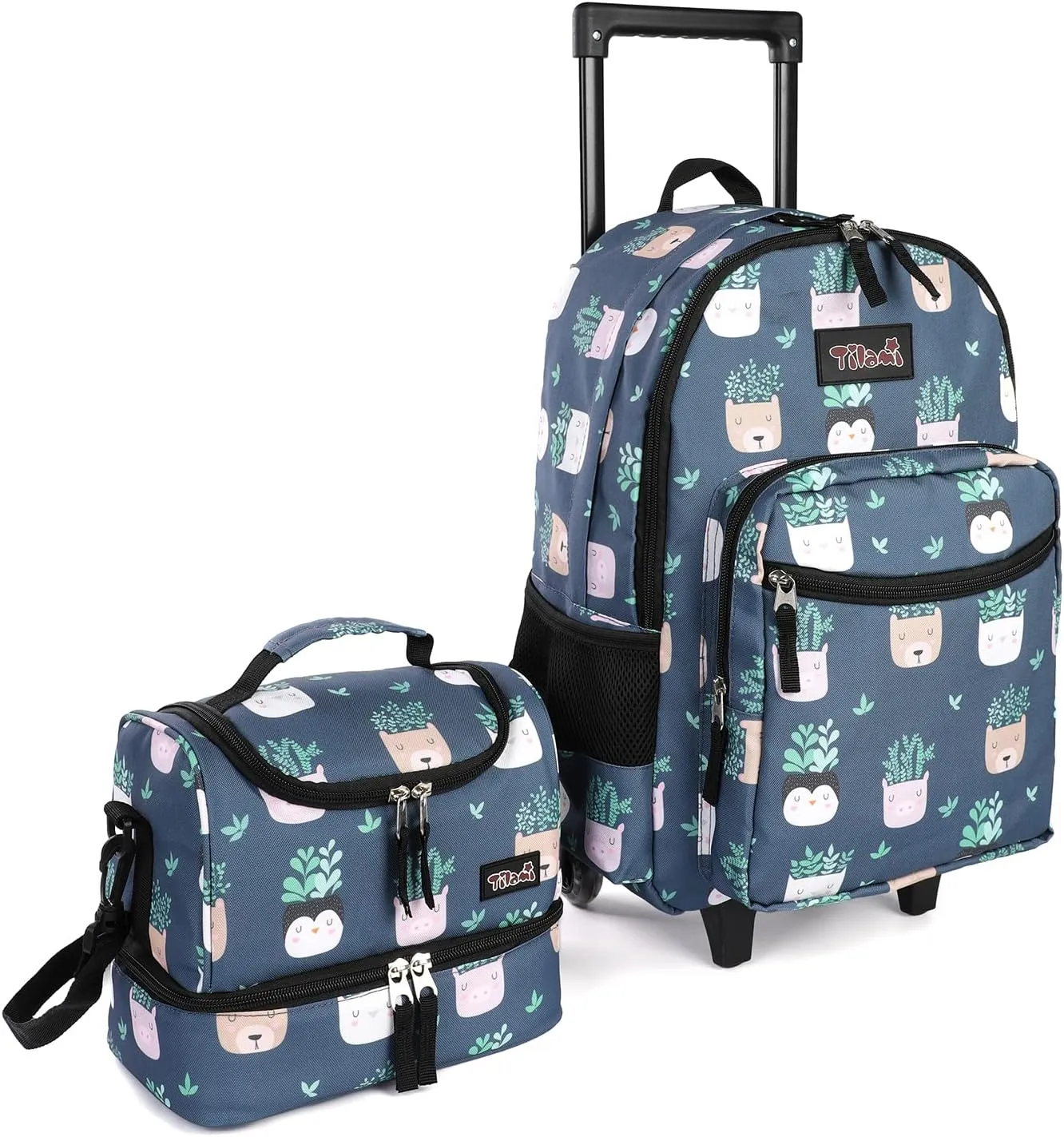 Tilami Rolling Backpack 18 inch Double Handle with Lunch Bag Wheeled Kids Backpack for Girls and Boys, Plants Blue