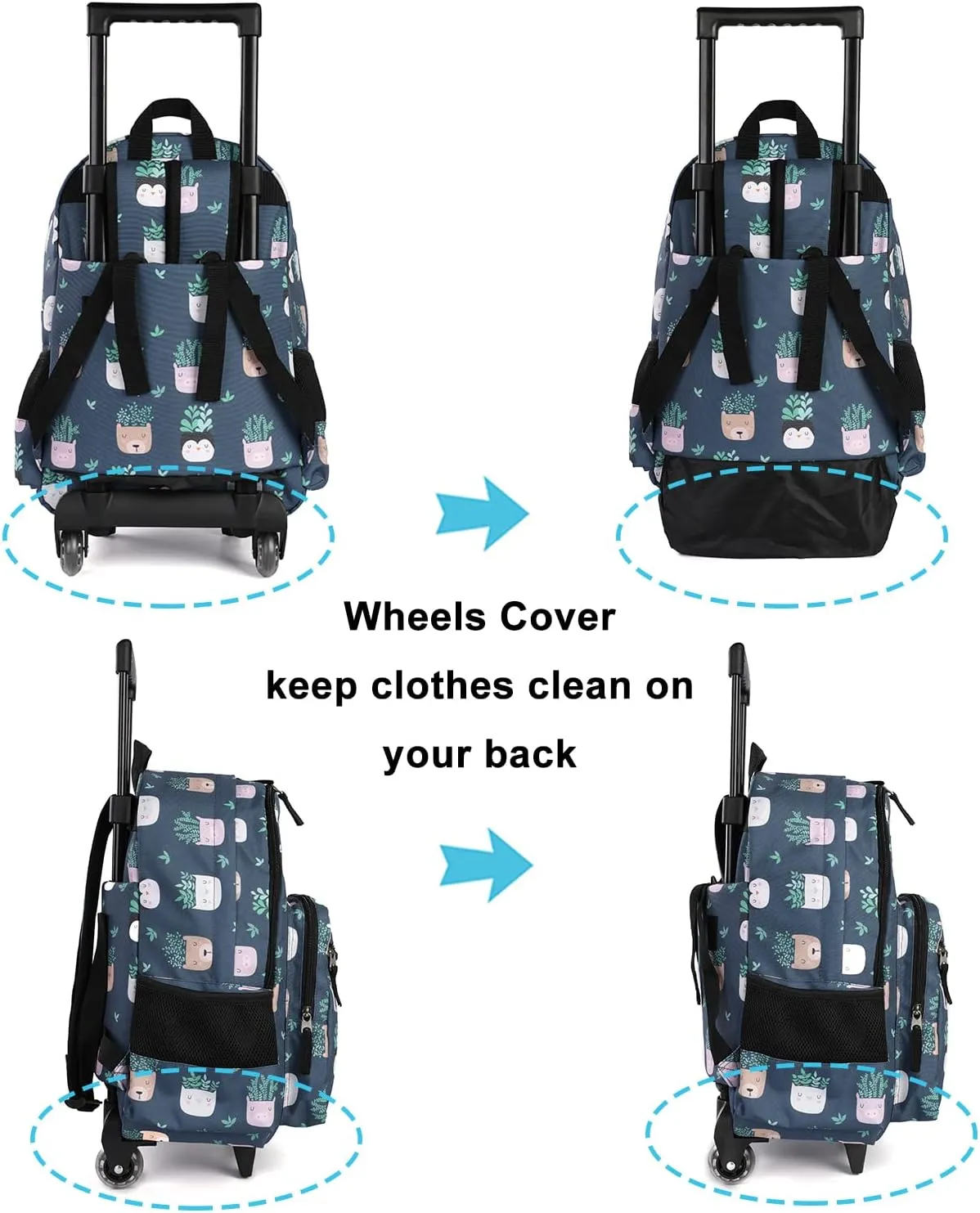 Tilami Rolling Backpack 18 inch Double Handle with Lunch Bag Wheeled Kids Backpack for Girls and Boys, Plants Blue