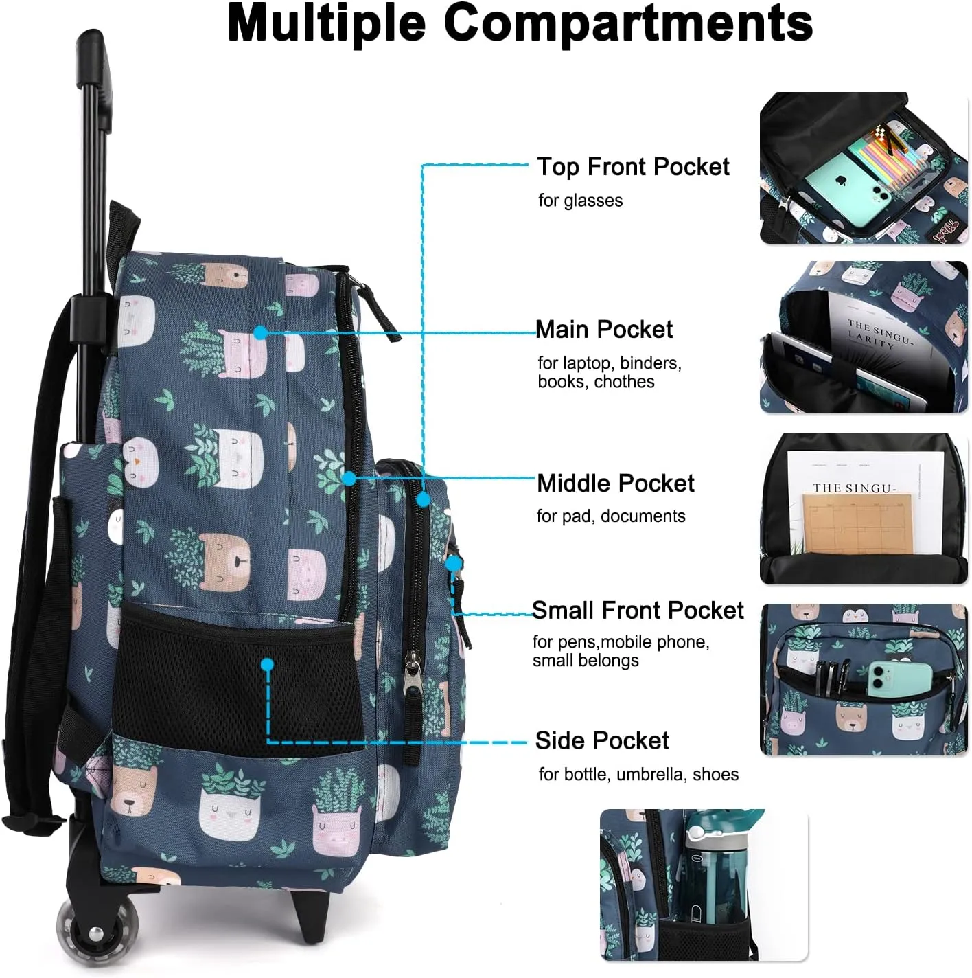 Tilami Rolling Backpack 18 inch Double Handle with Lunch Bag Wheeled Kids Backpack for Girls and Boys, Plants Blue