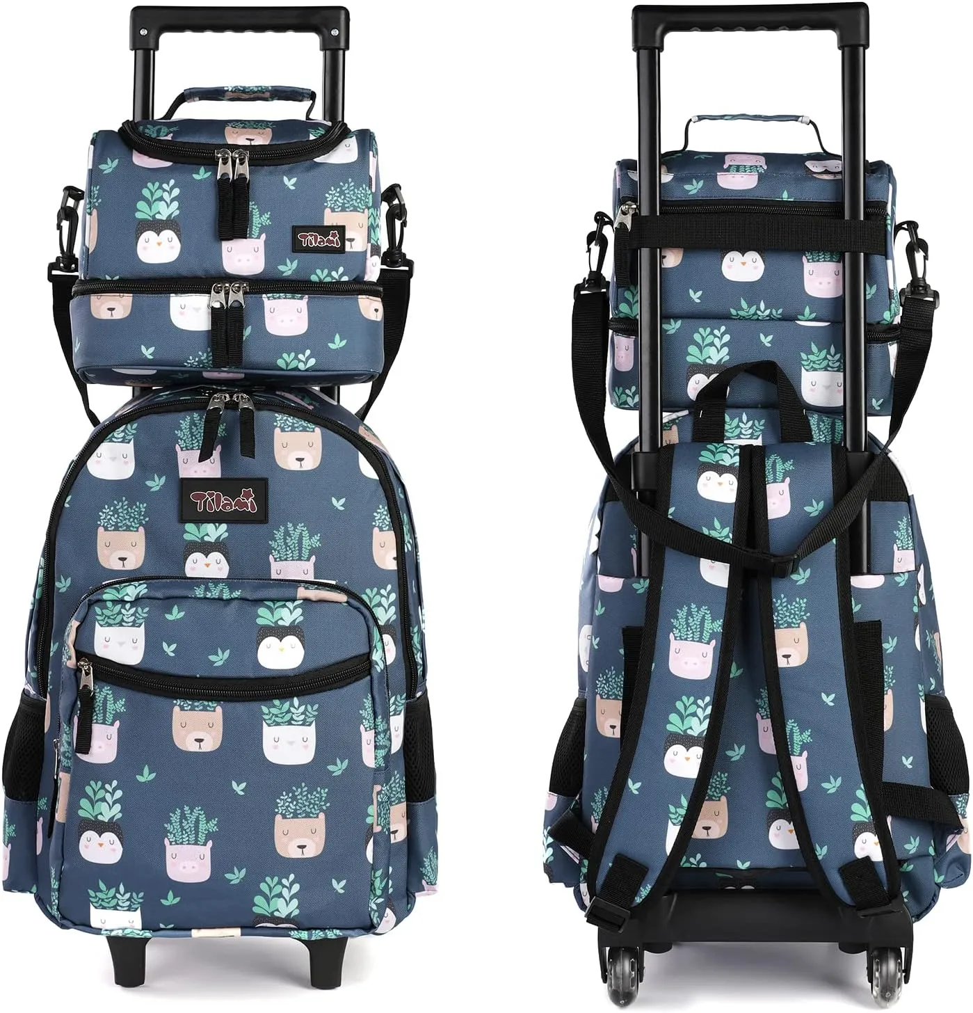Tilami Rolling Backpack 18 inch Double Handle with Lunch Bag Wheeled Kids Backpack for Girls and Boys, Plants Blue