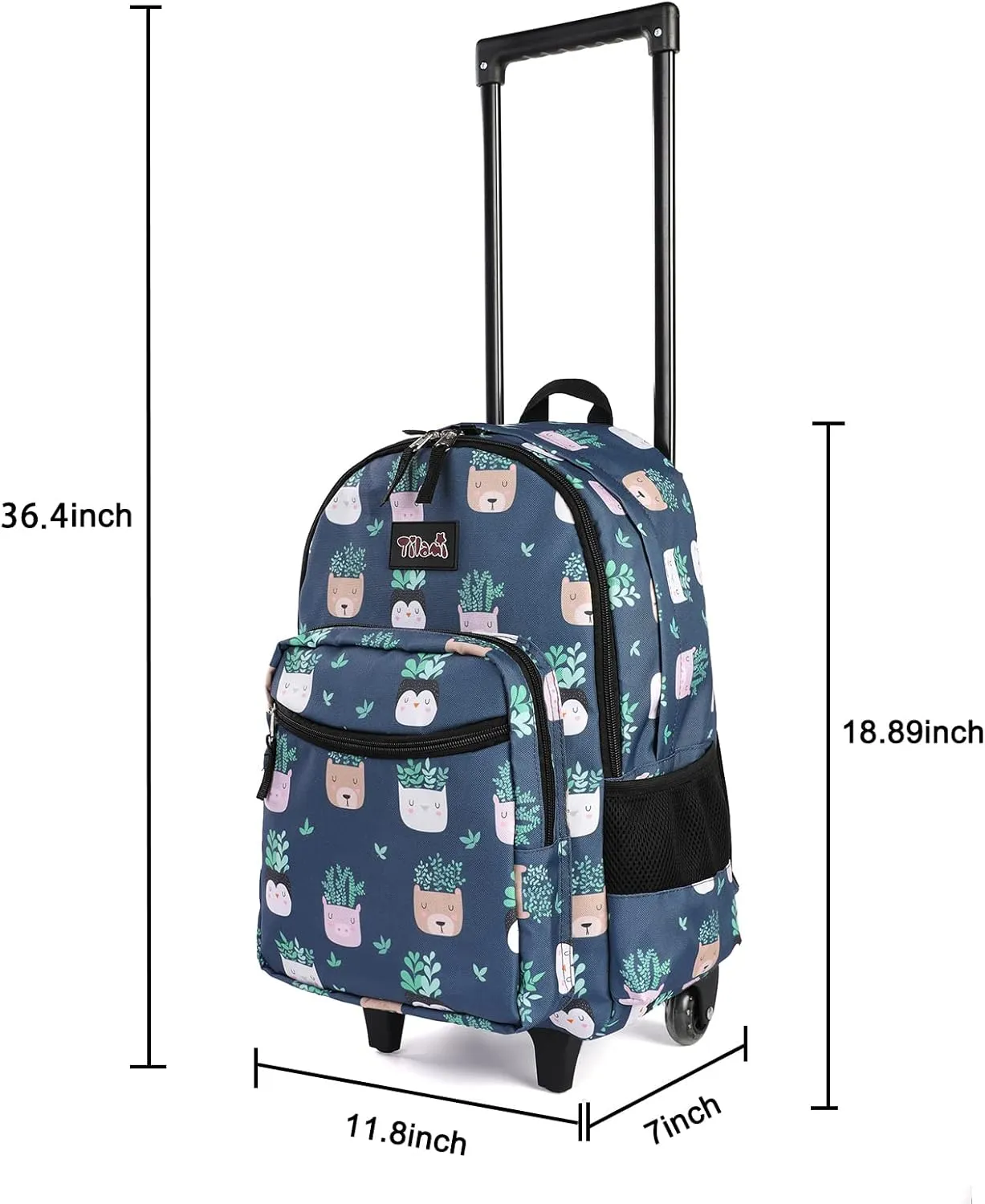 Tilami Rolling Backpack 18 inch Double Handle with Lunch Bag Wheeled Kids Backpack for Girls and Boys, Plants Blue