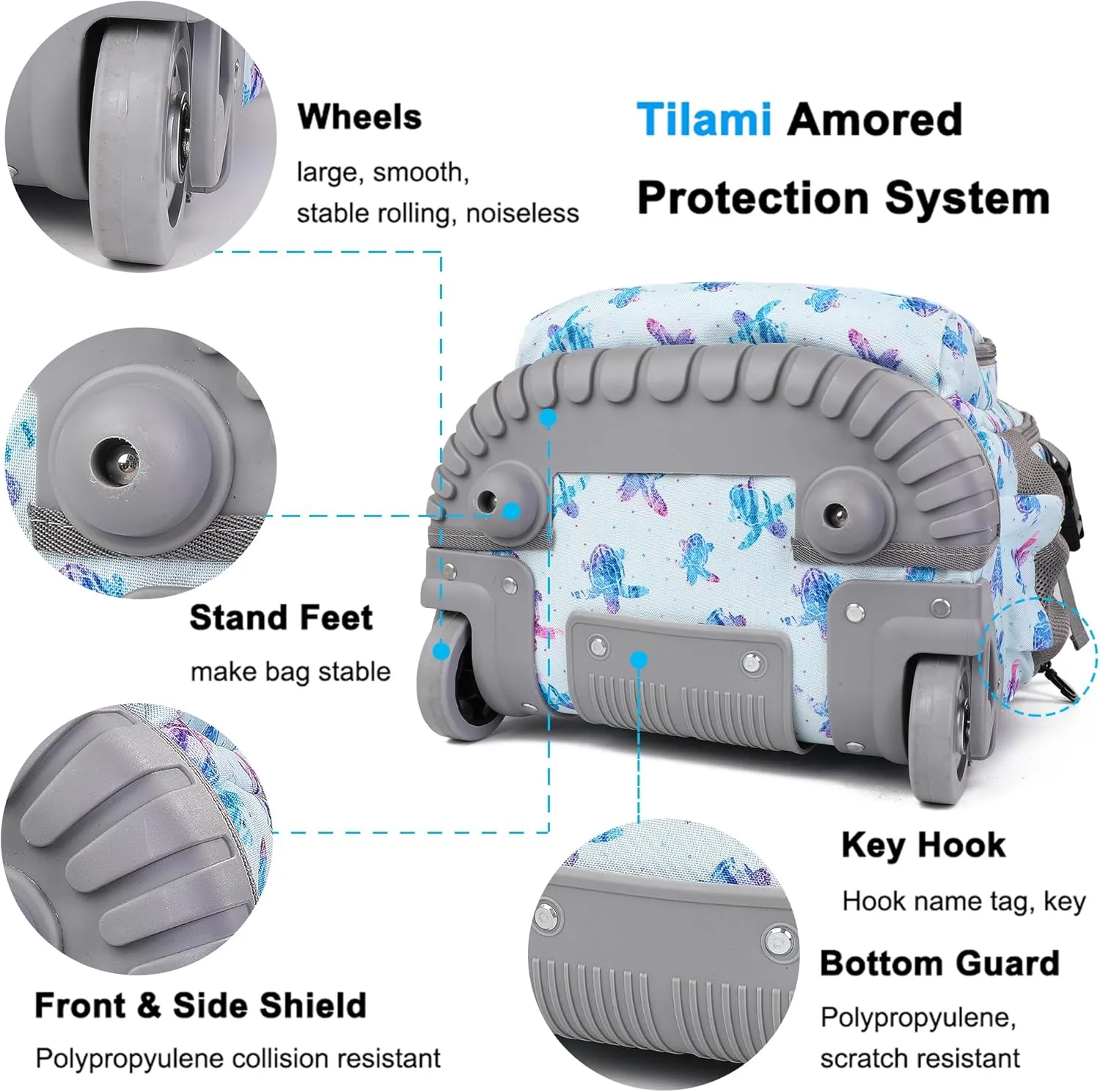 Tilami Rolling Backpack, 18 inch Shoulder Drop, Concealed Pockets and Wheel Cover, Laptop Backpack for Boys and Girls, Turtle Blue