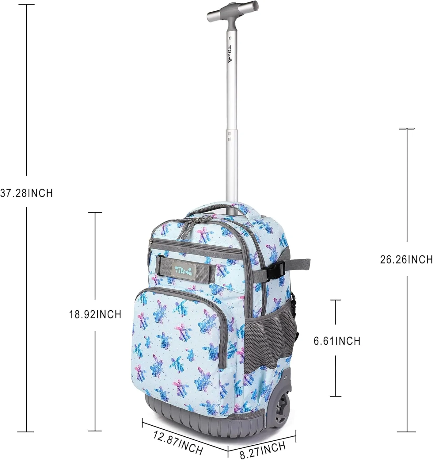 Tilami Rolling Backpack, 18 inch Shoulder Drop, Concealed Pockets and Wheel Cover, Laptop Backpack for Boys and Girls, Turtle Blue