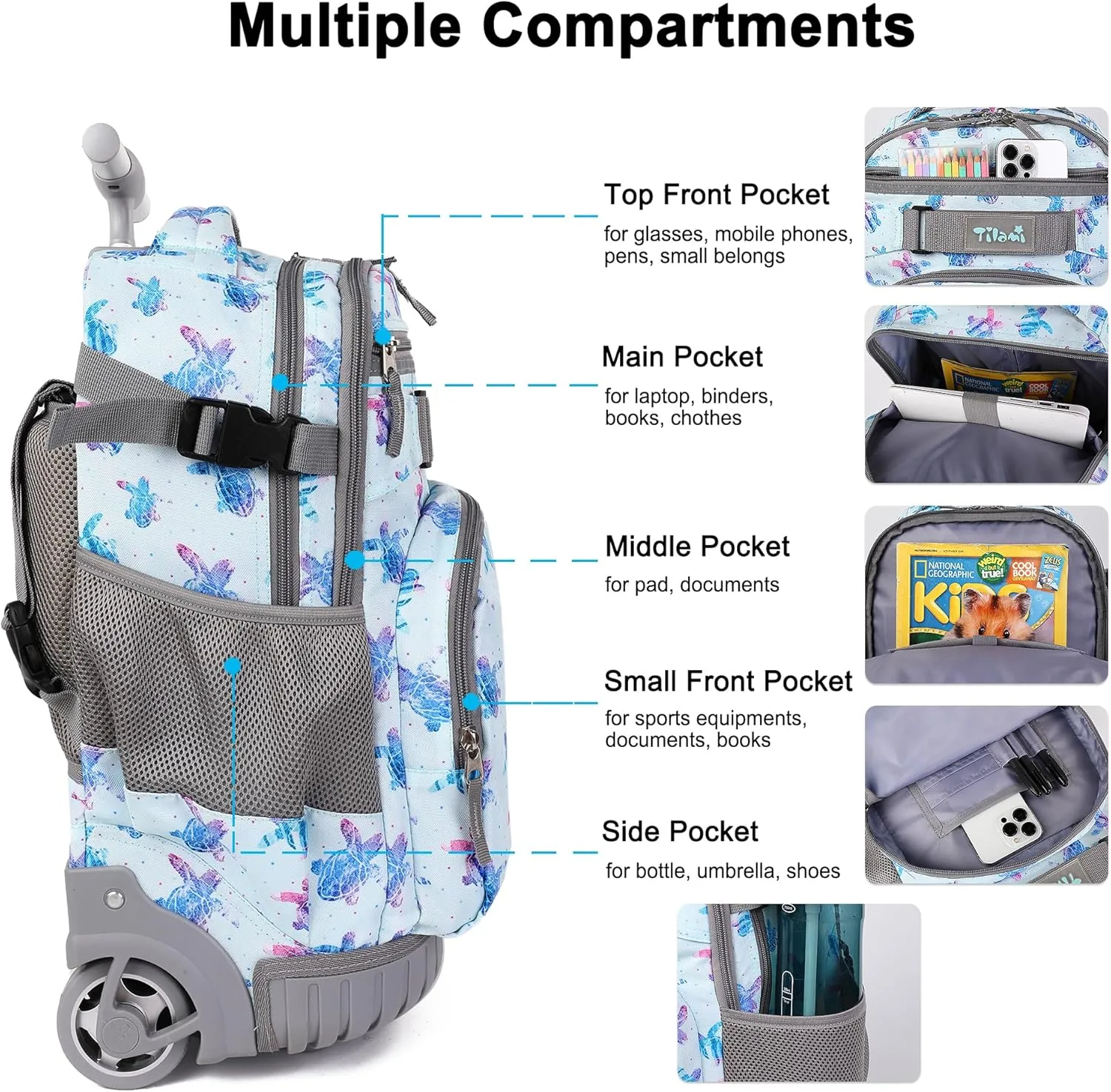 Tilami Rolling Backpack, 18 inch Shoulder Drop, Concealed Pockets and Wheel Cover, Laptop Backpack for Boys and Girls, Turtle Blue