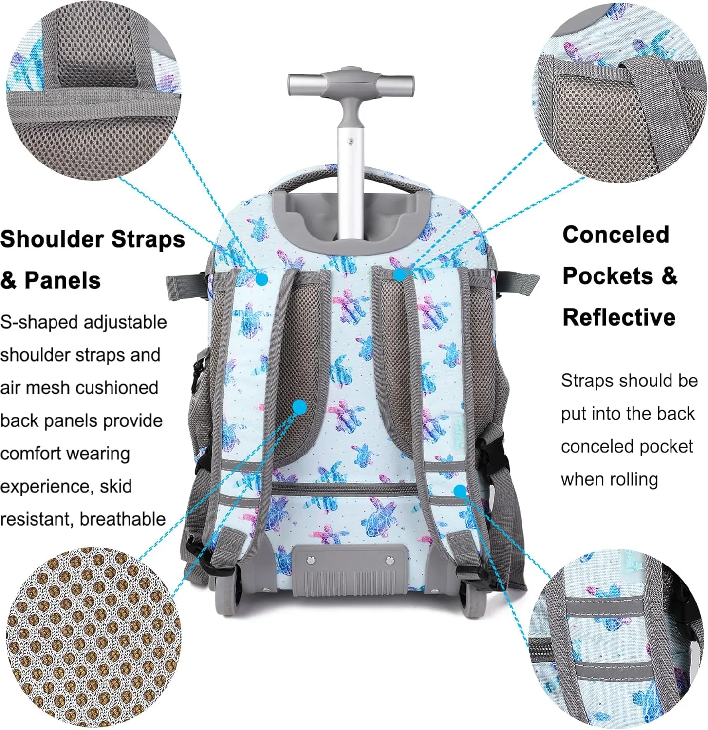 Tilami Rolling Backpack, 18 inch Shoulder Drop, Concealed Pockets and Wheel Cover, Laptop Backpack for Boys and Girls, Turtle Blue
