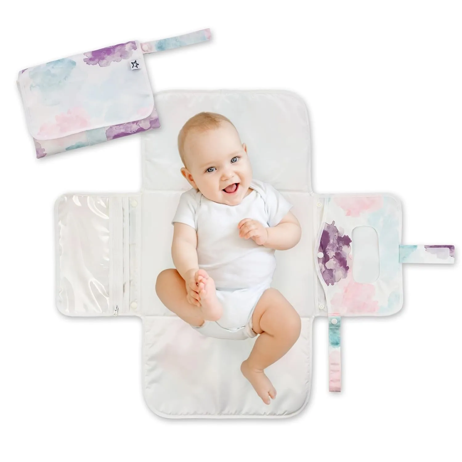 Tiny Twinkle Portable Diaper Changing Pad - Foldable Waterproof Diaper Changing Mat for Travel, Baby Changing Station with Smart Wipes Pocket & Storage (Cotton Candy)