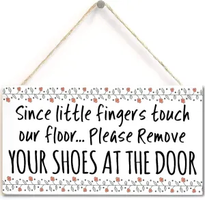TOMATO FANQIE Since Little Fingers Touch Our Floor. Please Remove Your Shoes at The Door - Beautiful Handmade Sign Take Off Your Shoes Plaque Wooden Hanging Sign 5" X 10" (US-G052)