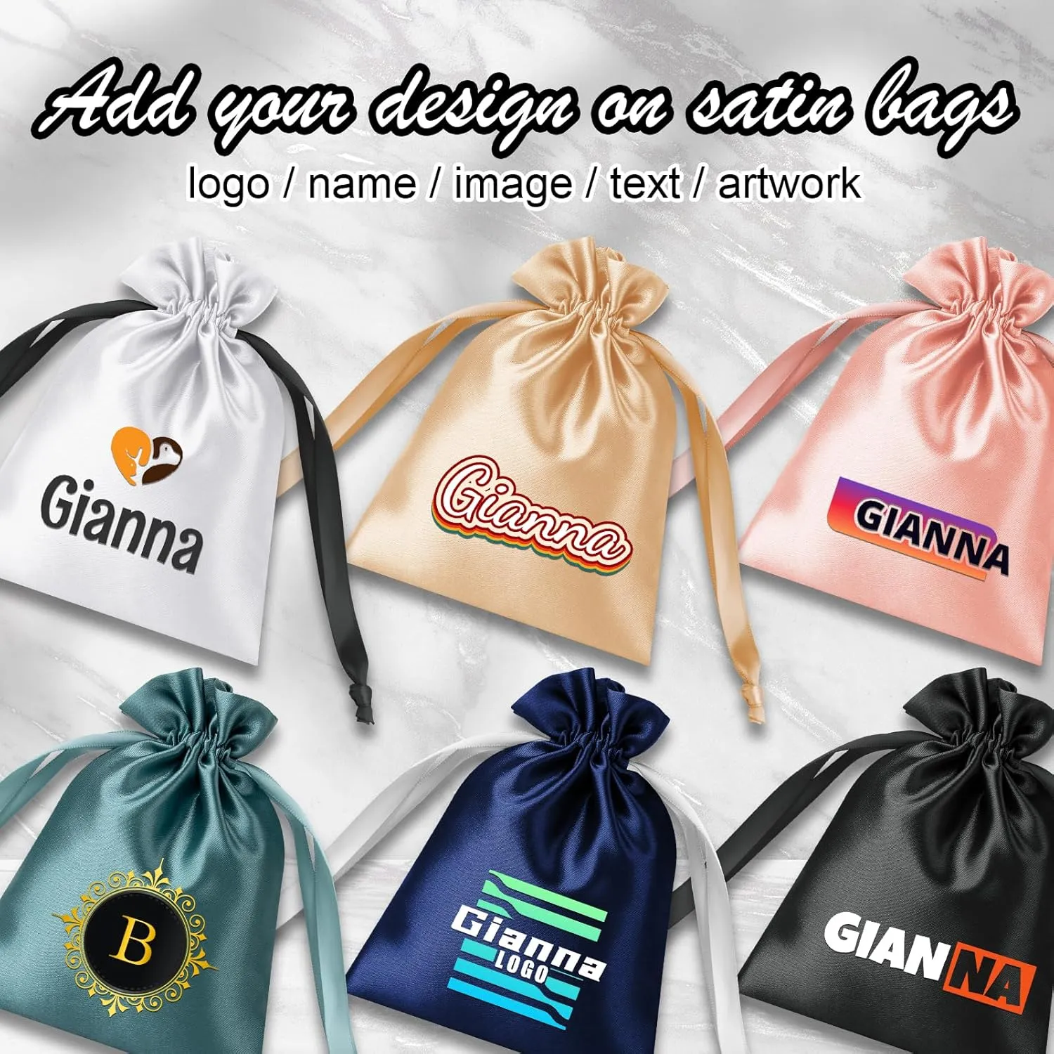 TOPTIE Custom 50 PCS Silk Satin Gift Bag with Drawstring, Jewelry Pouch Bags Logo Printed Premium Cosmetic Bag, 4.7 X 6 Inches