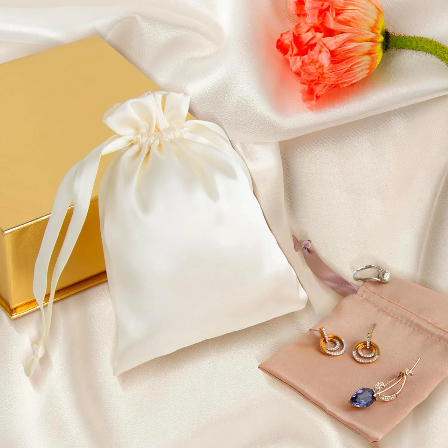 TOPTIE Custom 50 PCS Silk Satin Gift Bag with Drawstring, Jewelry Pouch Bags Logo Printed Premium Cosmetic Bag, 4.7 X 6 Inches