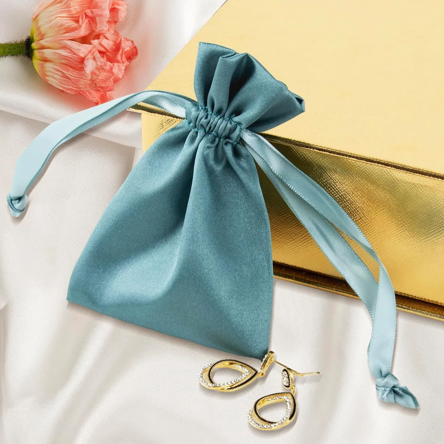 TOPTIE Custom 50 PCS Silk Satin Gift Bag with Drawstring, Jewelry Pouch Bags Logo Printed Premium Cosmetic Bag, 4.7 X 6 Inches