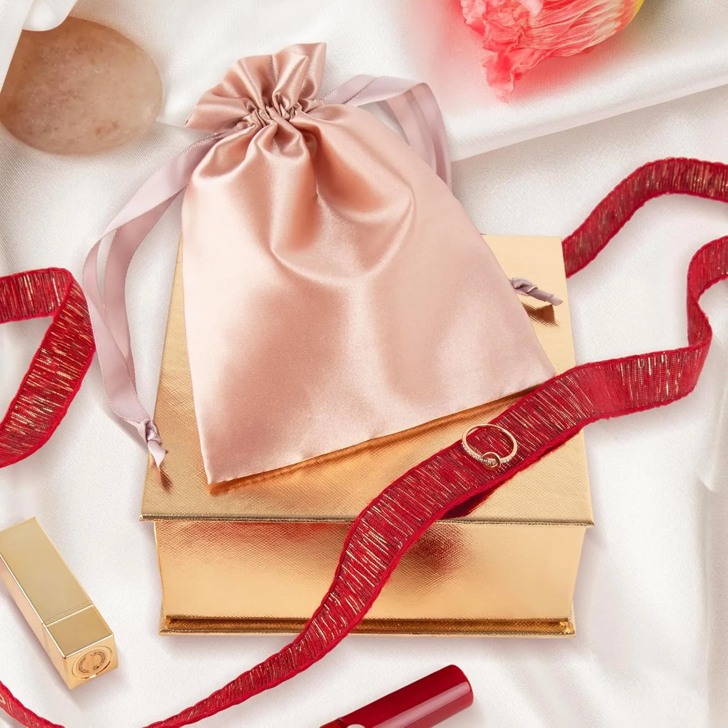 TOPTIE Custom 50 PCS Silk Satin Gift Bag with Drawstring, Jewelry Pouch Bags Logo Printed Premium Cosmetic Bag, 4.7 X 6 Inches