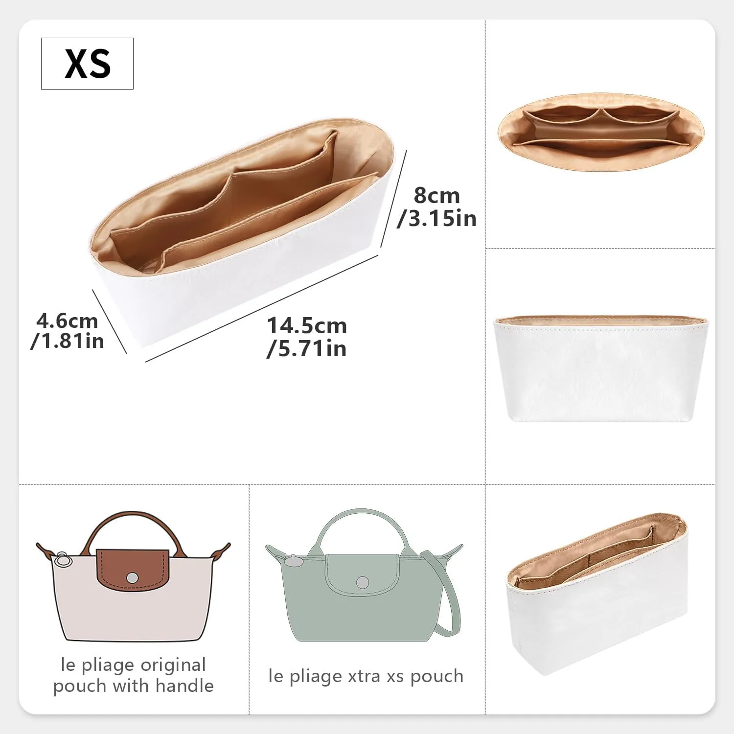 Tote Bag Organizer Insert Compatible with Longchamp Xtra XS Pouch Handbag, Dupont Paper Inner Purse Organizer Insert Makeup Liner Bag Shaper (White, XS/Mini)