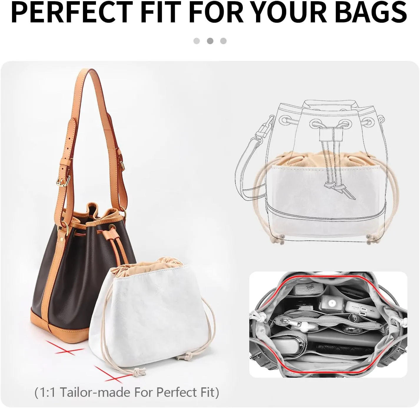 Tote Bag Organizer Insert Compatible with LV Noé BB Handbag, Dupont Paper Inner Purse Organizer Insert Makeup Liner Bag Shaper (White, S)
