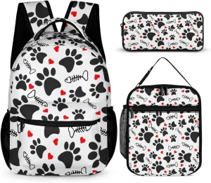 Trace Doodle Paw of Cat Prints 3 Piece Backpack Sets With Lunch Bag Pencil Case Combination Hiking Travel Work