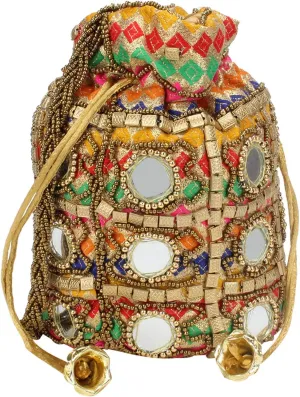 Traditional Satin Potli Bag with Round Mirror for Women & Girls (Multicolor)