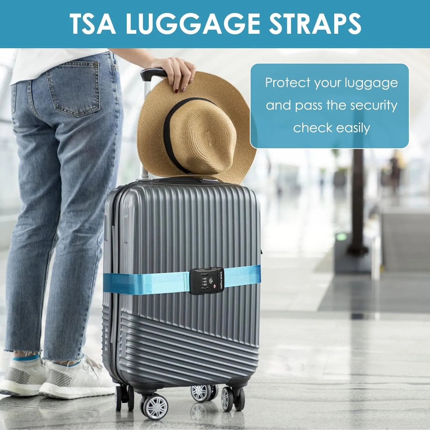 Travel Inspira Luggage Straps with TSA Combination Lock - Adjustable, Easy to Use, Protect Your Luggage, Blue