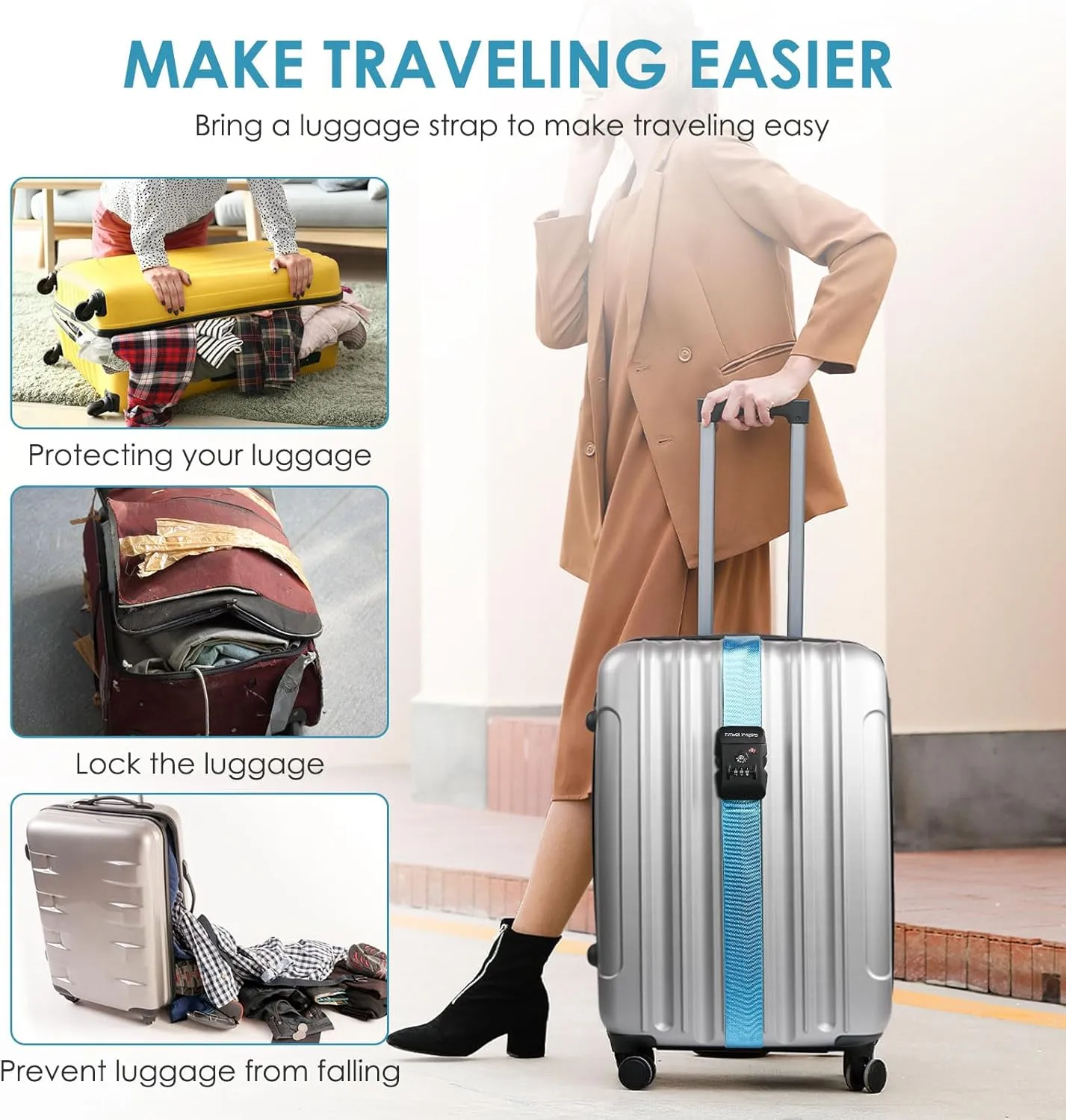 Travel Inspira Luggage Straps with TSA Combination Lock - Adjustable, Easy to Use, Protect Your Luggage, Blue