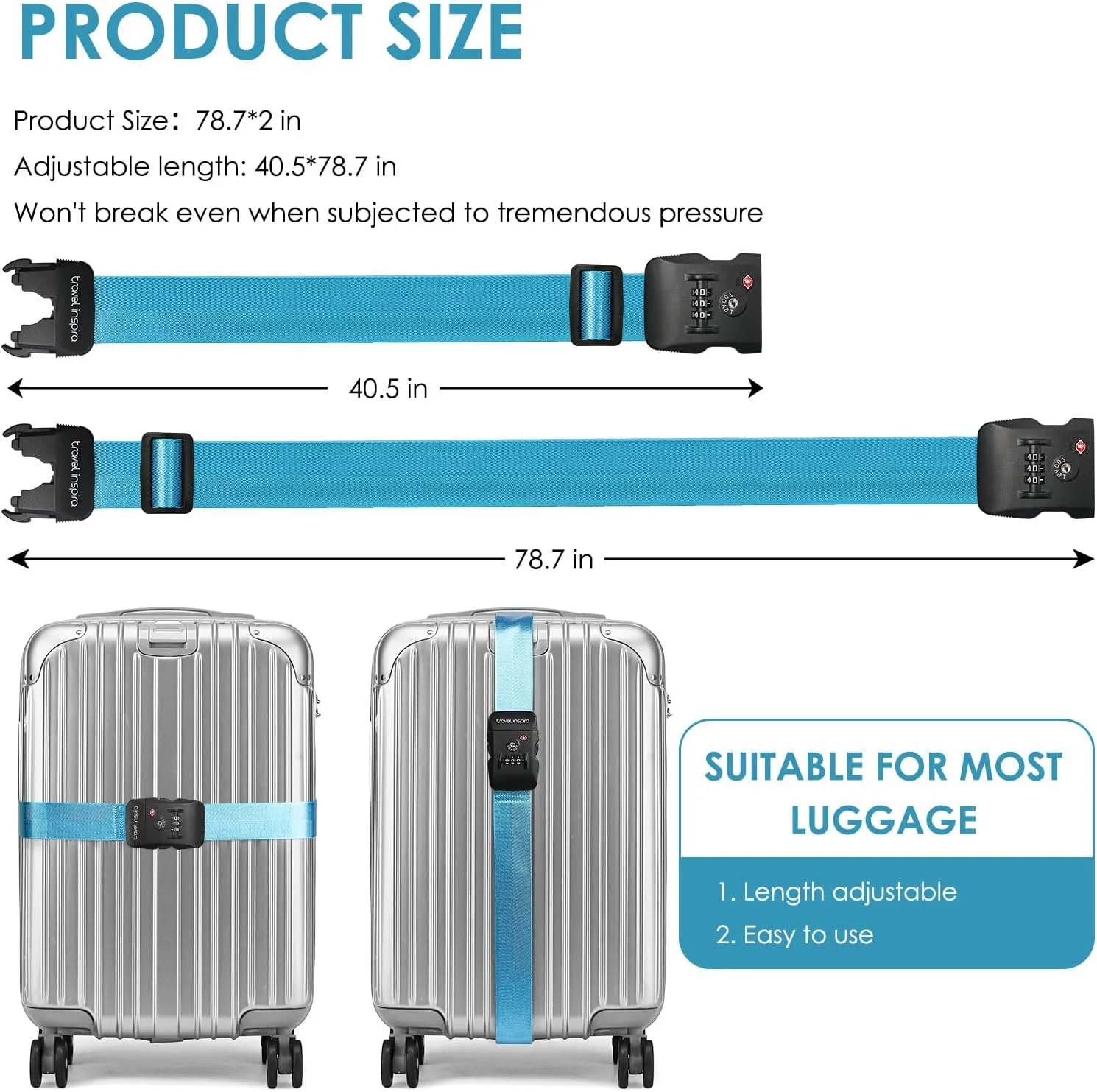 Travel Inspira Luggage Straps with TSA Combination Lock - Adjustable, Easy to Use, Protect Your Luggage, Blue