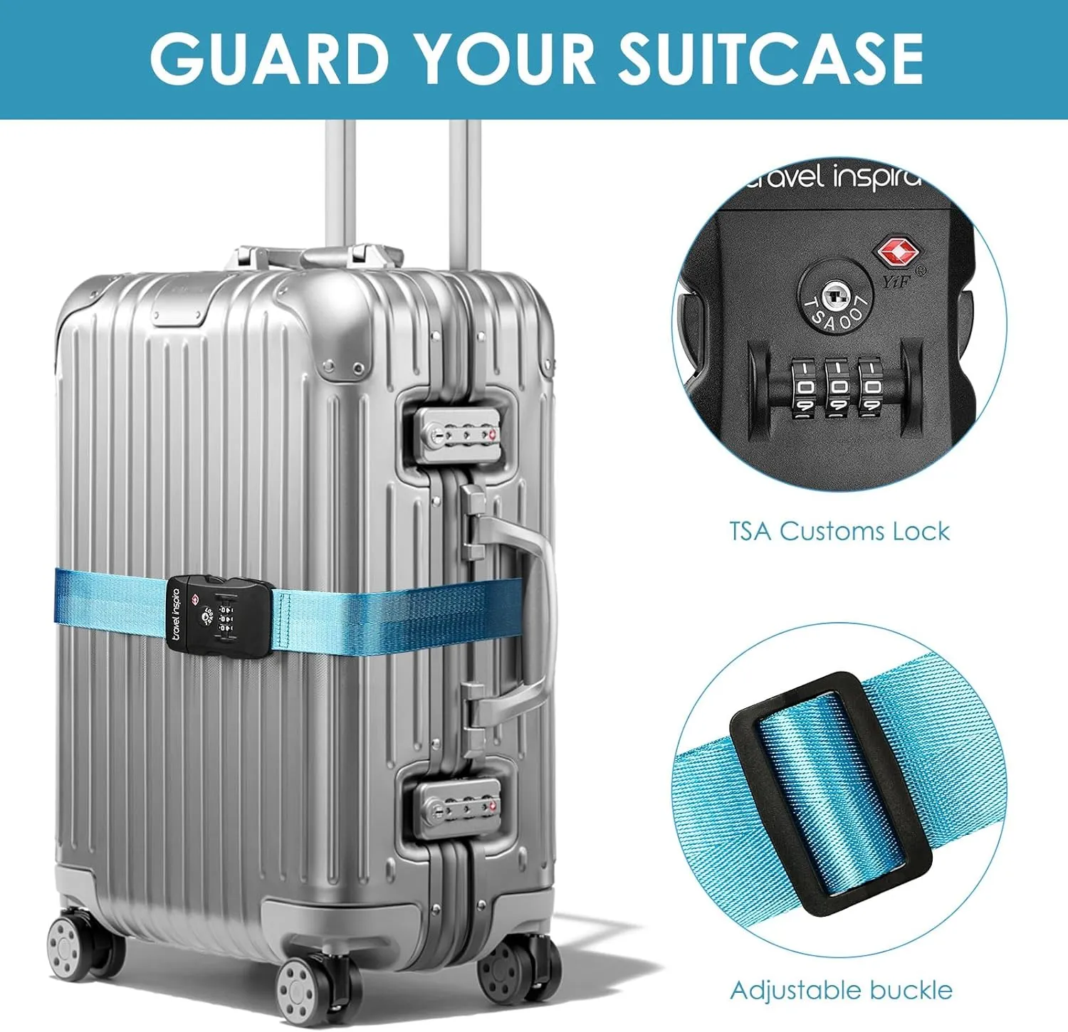 Travel Inspira Luggage Straps with TSA Combination Lock - Adjustable, Easy to Use, Protect Your Luggage, Blue