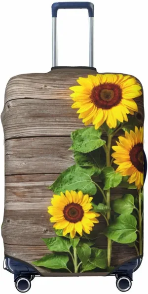 Travel Luggage Cover Suitcase Elastic Washable Stretch Wooden Board Sunflower Suitcase Protector Bag,Anti-Scratch Spandex Double-Sided Baggage Covers For Wheeled Suitcase Kid Adult,Large