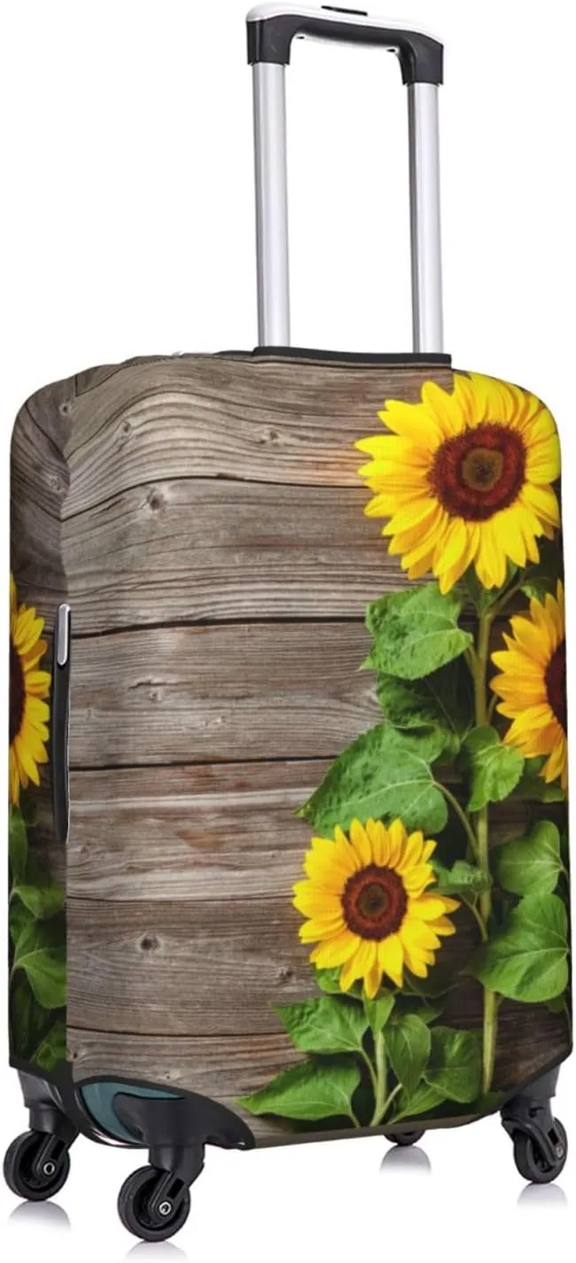 Travel Luggage Cover Suitcase Elastic Washable Stretch Wooden Board Sunflower Suitcase Protector Bag,Anti-Scratch Spandex Double-Sided Baggage Covers For Wheeled Suitcase Kid Adult,Large
