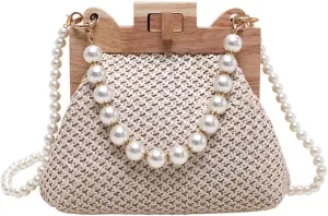 Trendy Crossbody Bag For Women Shelled Clutch Purse Exquisite Straw Shoulder Bag with Pearls and Wood Accents Wedding 2025