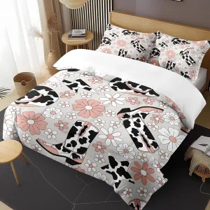 Twin Size Comforter Set with 1 Pillowcase, Vintage Western Cow Boots Cowboy Cowgirl, Bedding Decor Cowhide Spots Daisy Floral for Kids and Adults Comforter for Bedroom Bed Set