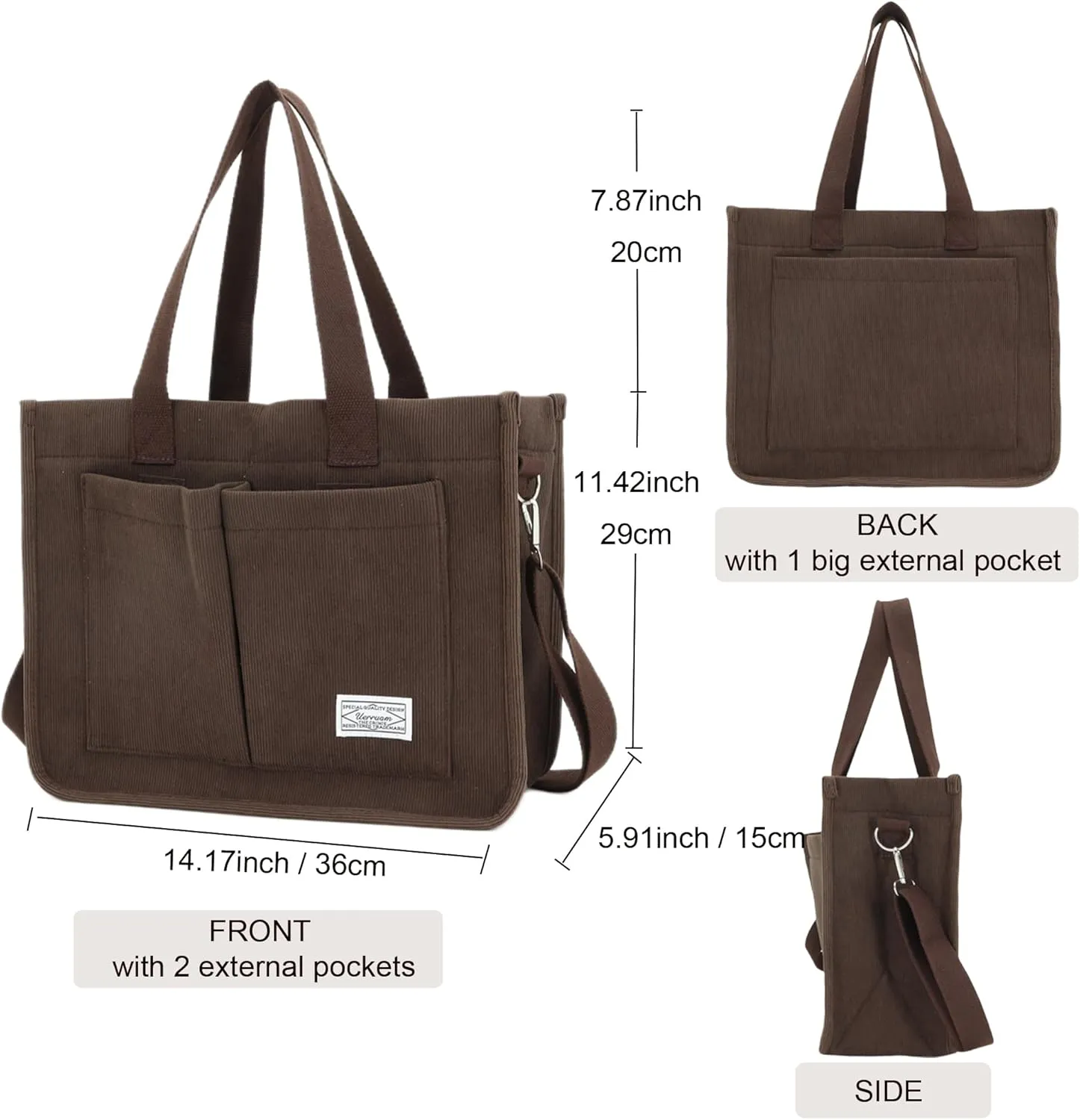 UERRUAM Tote Bag for Women with Pockets,Large Corduroy Crossbody Purse for Laptop,Work,College,Everyday,Travel