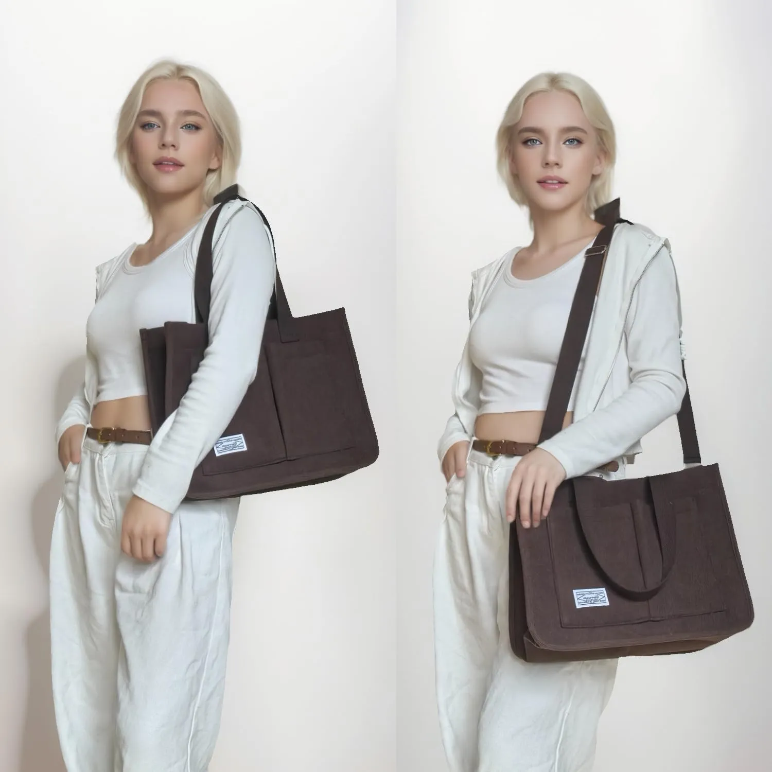 UERRUAM Tote Bag for Women with Pockets,Large Corduroy Crossbody Purse for Laptop,Work,College,Everyday,Travel