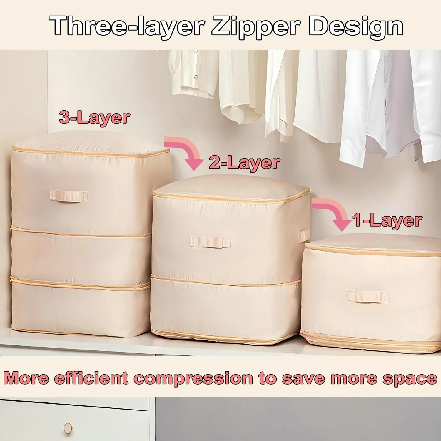 Ultra Space Saving Self Compression Organizer, 2025 New 3-Layer Zipper Large Capacity Storage Bag, Thick Satin Fabric Heavy Duty Bags for Comforters Blankets Bedding Duvet (Beige, X-Large, 21x17x24in)