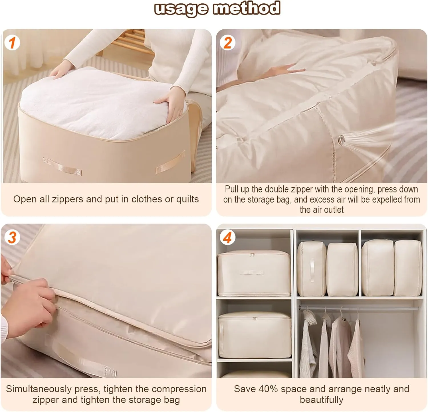 Ultra Space Saving Self Compression Organizer, Portable Space Saver Storage Packing Bags, Blanket & Quilt Compression Storage Bag for Comforters, Blankets, Bedding (Almond)