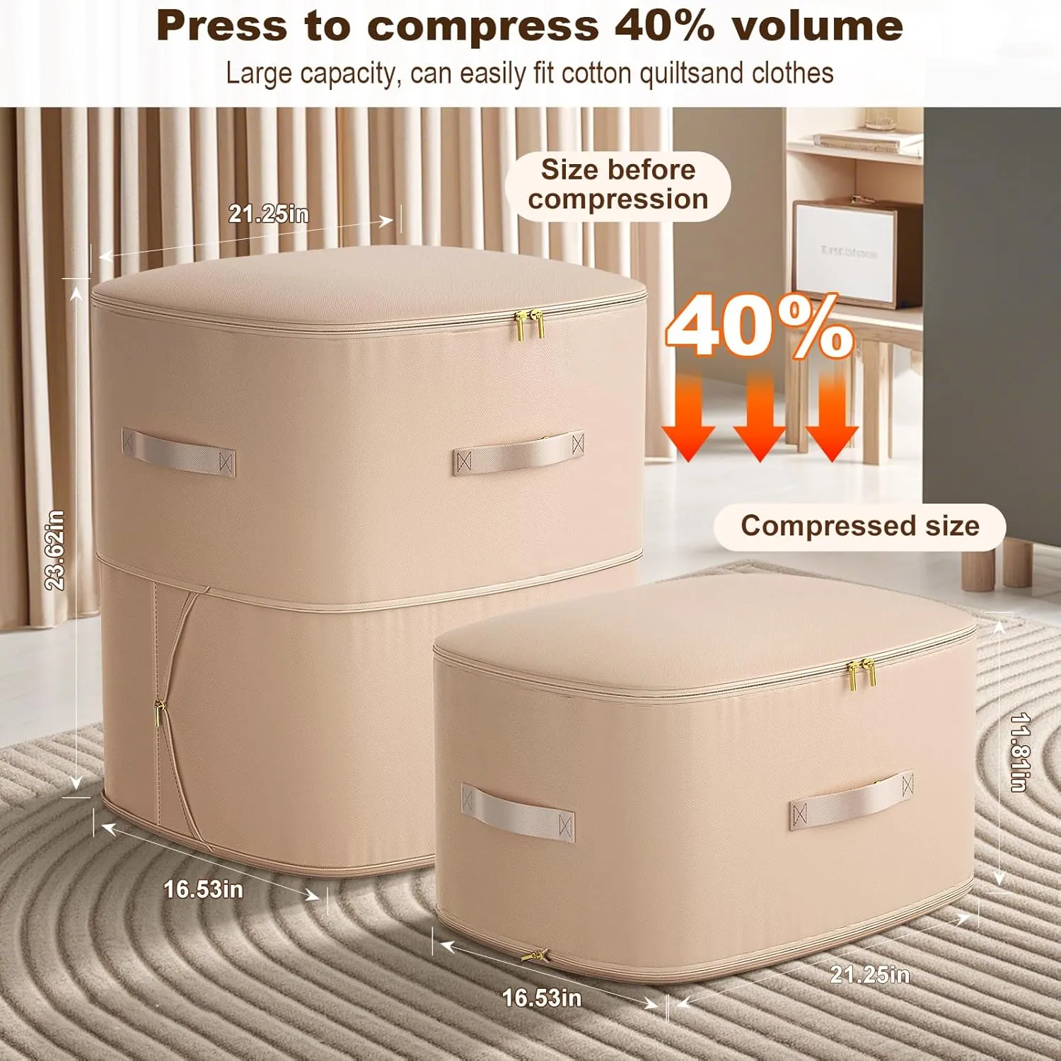 Ultra Space Saving Self Compression Organizer, Portable Space Saver Storage Packing Bags, Blanket & Quilt Compression Storage Bag for Comforters, Blankets, Bedding (Almond)