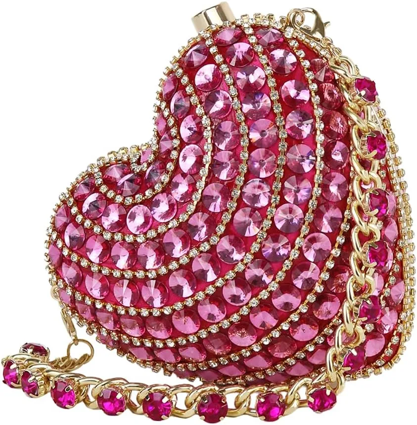 UMREN Cute Heart Shaped Clutch Sparkly Rhinestone Evening Bag Mini Love Heat Crystal Handbag Chain Shoulder Bag Wedding Purse