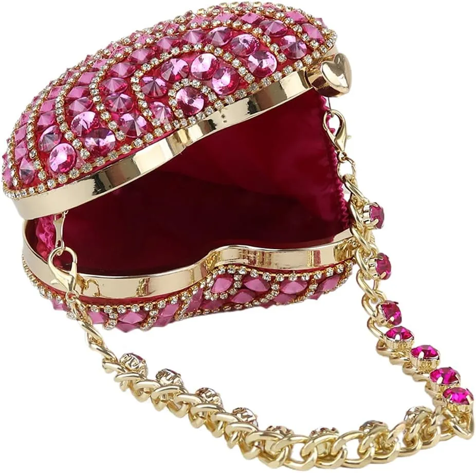 UMREN Cute Heart Shaped Clutch Sparkly Rhinestone Evening Bag Mini Love Heat Crystal Handbag Chain Shoulder Bag Wedding Purse