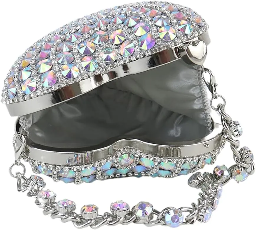 UMREN Cute Heart Shaped Clutch Sparkly Rhinestone Evening Bag Mini Love Heat Crystal Handbag Chain Shoulder Bag Wedding Purse