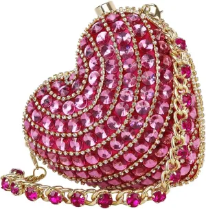 UMREN Cute Heart Shaped Clutch Sparkly Rhinestone Evening Bag Mini Love Heat Crystal Handbag Chain Shoulder Bag Wedding Purse