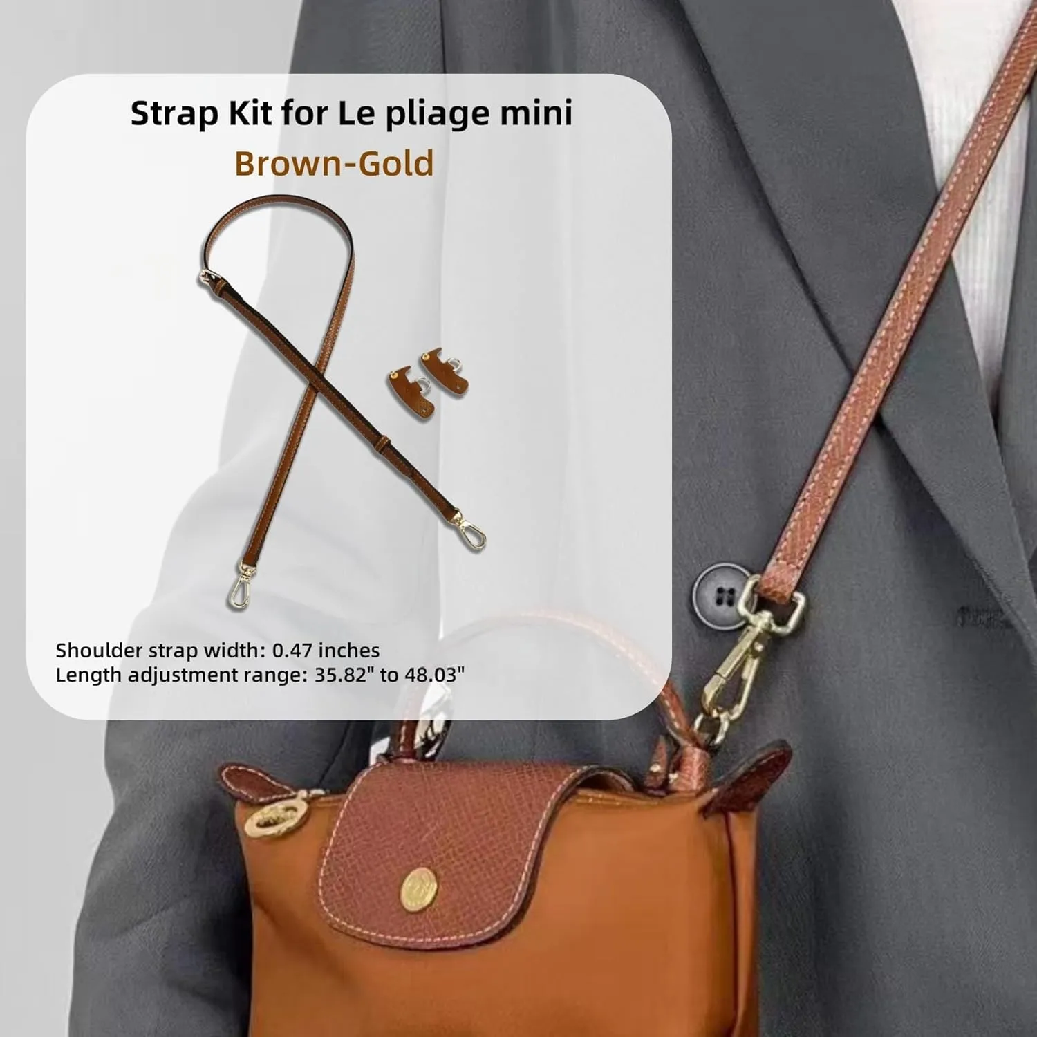 Upgraded Bag Strap Fits Longchamp Mini Bag, Leather Purse Straps Replacement Crossbody, Adjustable Straps Fit for Le Pliage Mini Pouch, Comes with Gift Box Packaging (Brown-Gold)