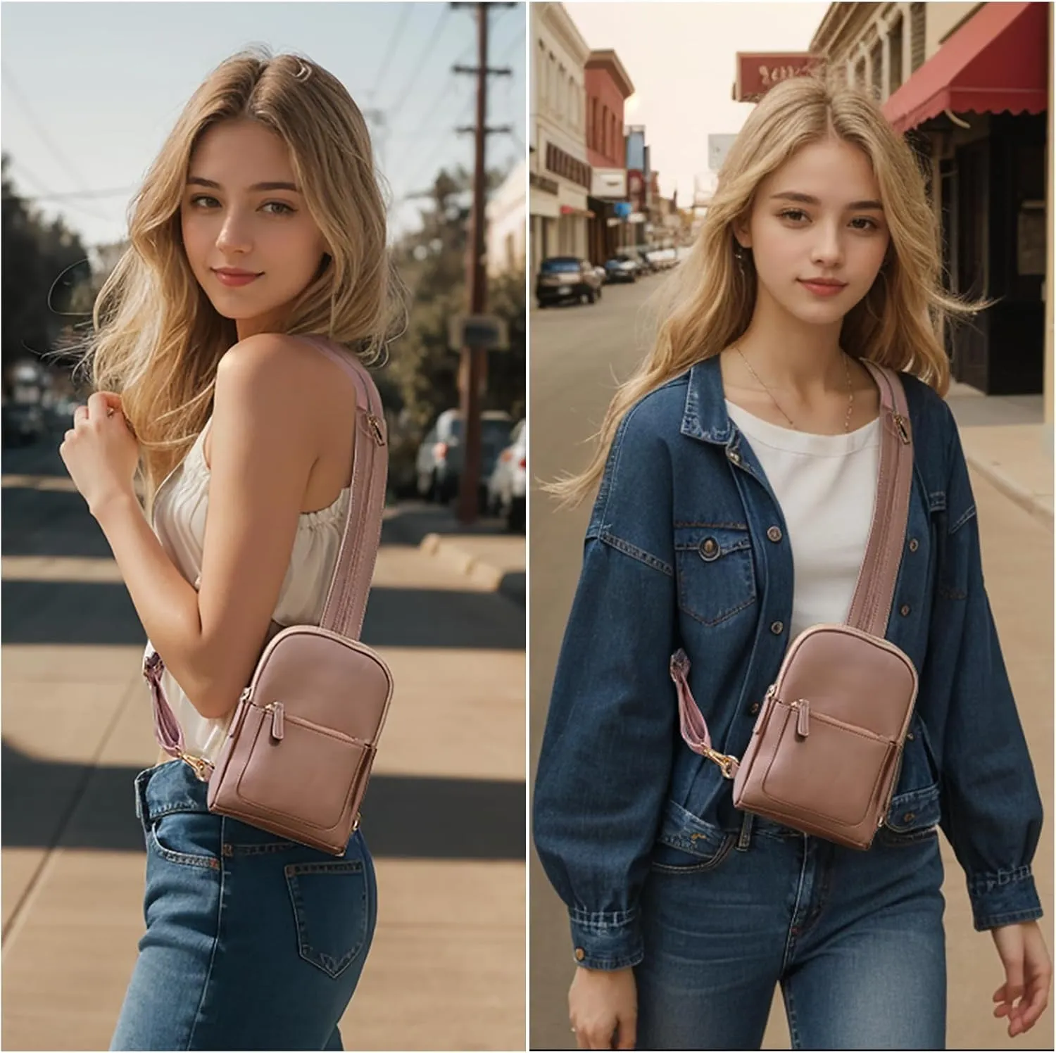 UTO Sling Bag for Women Crossbody Trendy Chest Belt Bag Convertible Backpack Purse with Wide Shoulder Zip Straps