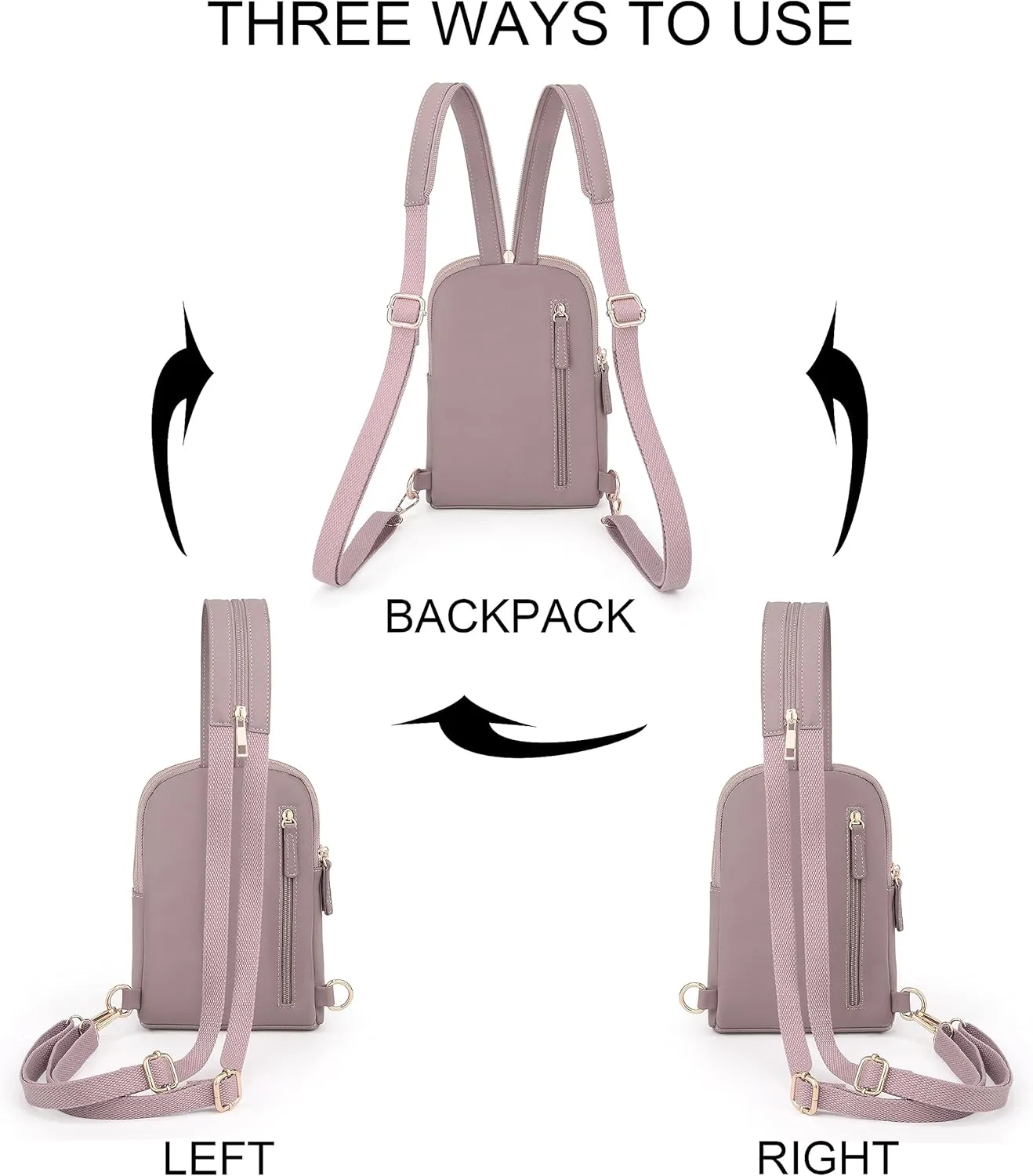 UTO Sling Bag for Women Crossbody Trendy Chest Belt Bag Convertible Backpack Purse with Wide Shoulder Zip Straps