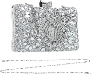 uxcell Evening Bags for Women, Sparkly Crystal Clutch Purse with Rhinestone Chain Handbags for Wedding Party Evening Weekend, Silver