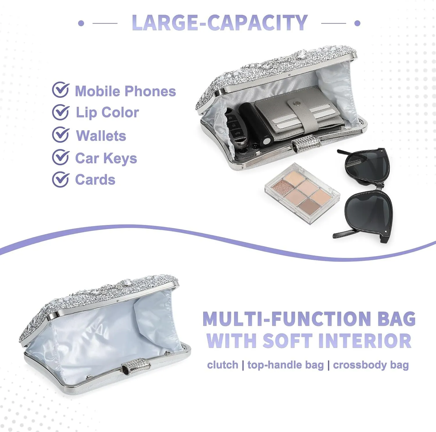 uxcell Evening Bags for Women, Sparkly Crystal Clutch Purse with Rhinestone Chain Handbags for Wedding Party Evening Weekend, Silver