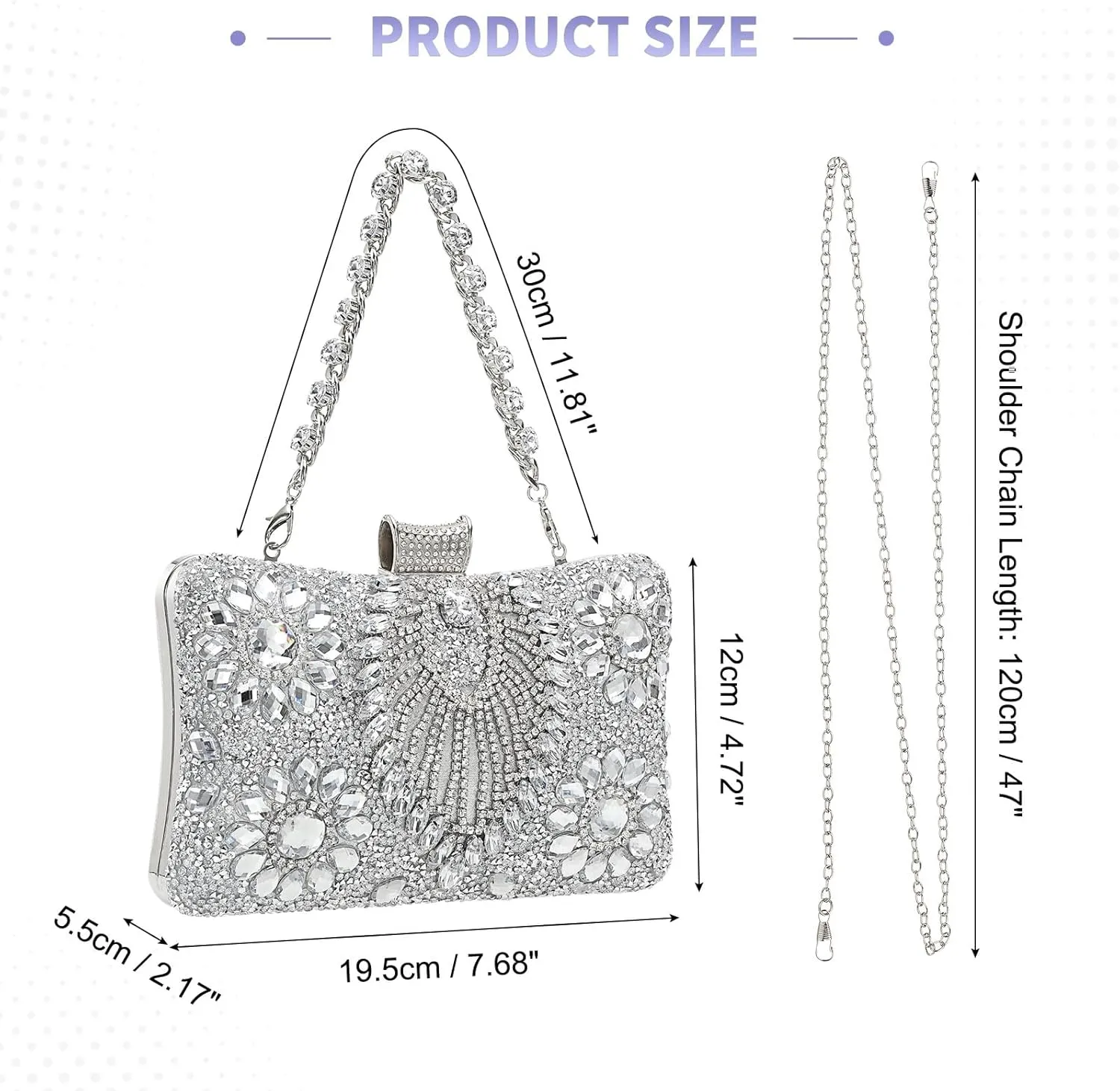 uxcell Evening Bags for Women, Sparkly Crystal Clutch Purse with Rhinestone Chain Handbags for Wedding Party Evening Weekend, Silver