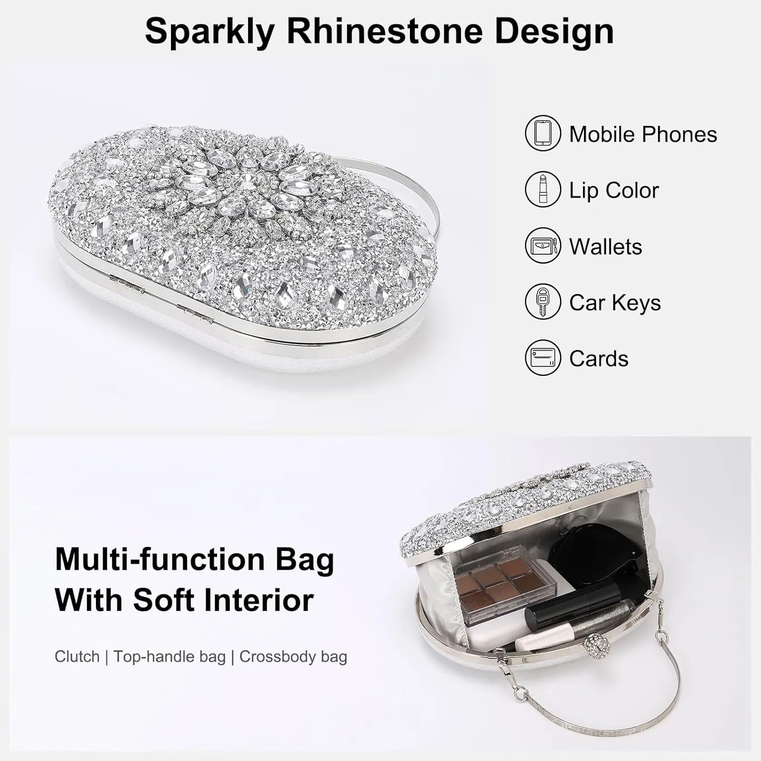 uxcell Evening Bags for Women, Sparkly Crystal Rhinestone Clutch Purse with Chain Strap Shoulder Bag Handbag