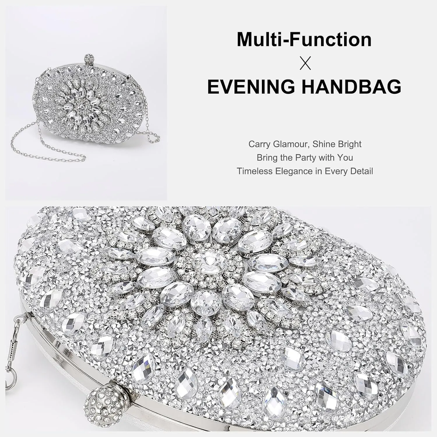 uxcell Evening Bags for Women, Sparkly Crystal Rhinestone Clutch Purse with Chain Strap Shoulder Bag Handbag