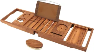 VaeFae Premium Teak Bathtub Tray, Expandable Wooden Bath Tray for Tub, Luxury Bathtub & Bathroom Accessories, Great House Warming, Anniversary & Wedding and Birthday Gifts (Free Teak Body Brush)