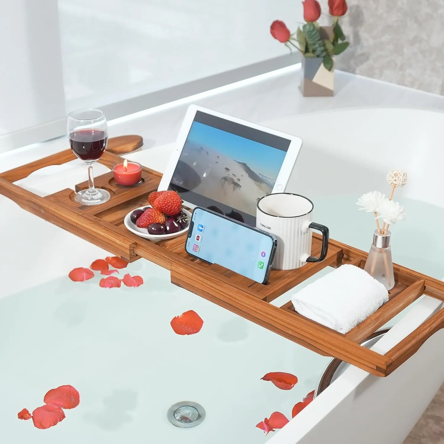 VaeFae Premium Teak Bathtub Tray, Expandable Wooden Bath Tray for Tub, Luxury Bathtub & Bathroom Accessories, Great House Warming, Anniversary & Wedding and Birthday Gifts (Free Teak Body Brush)