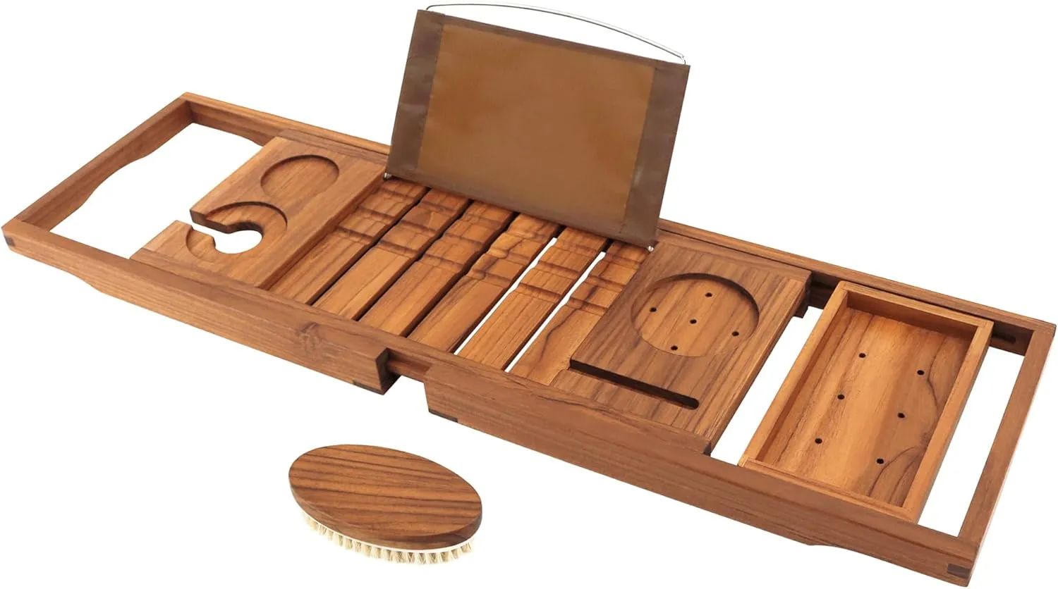 VaeFae Premium Teak Bathtub Tray, Expandable Wooden Bath Tray for Tub, Luxury Bathtub & Bathroom Accessories, Great House Warming, Anniversary & Wedding and Birthday Gifts (Free Teak Body Brush)