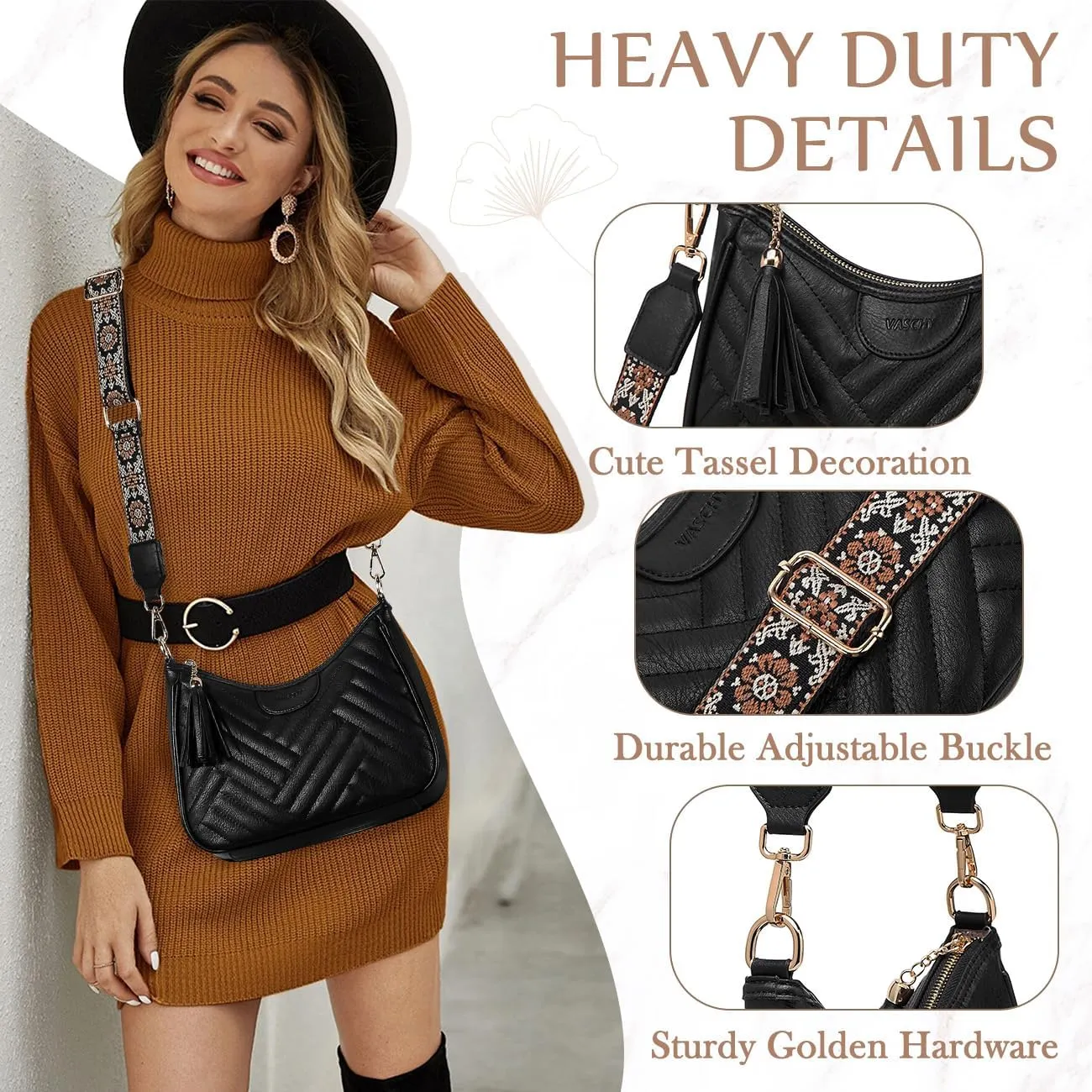 VASCHY Small Shoulder Bag Purse for Women, Vegan Leather Chevron Quilted Crescent Crossbody Hobo Bag Under the Arm Handbag