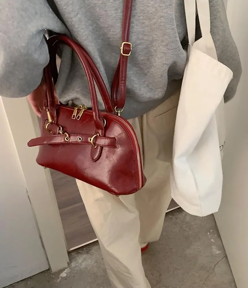 Vegan Leather Shoulder Purse for Women Vintage Belt Buckle Crossbody Bags Handbag Adjustable Strap
